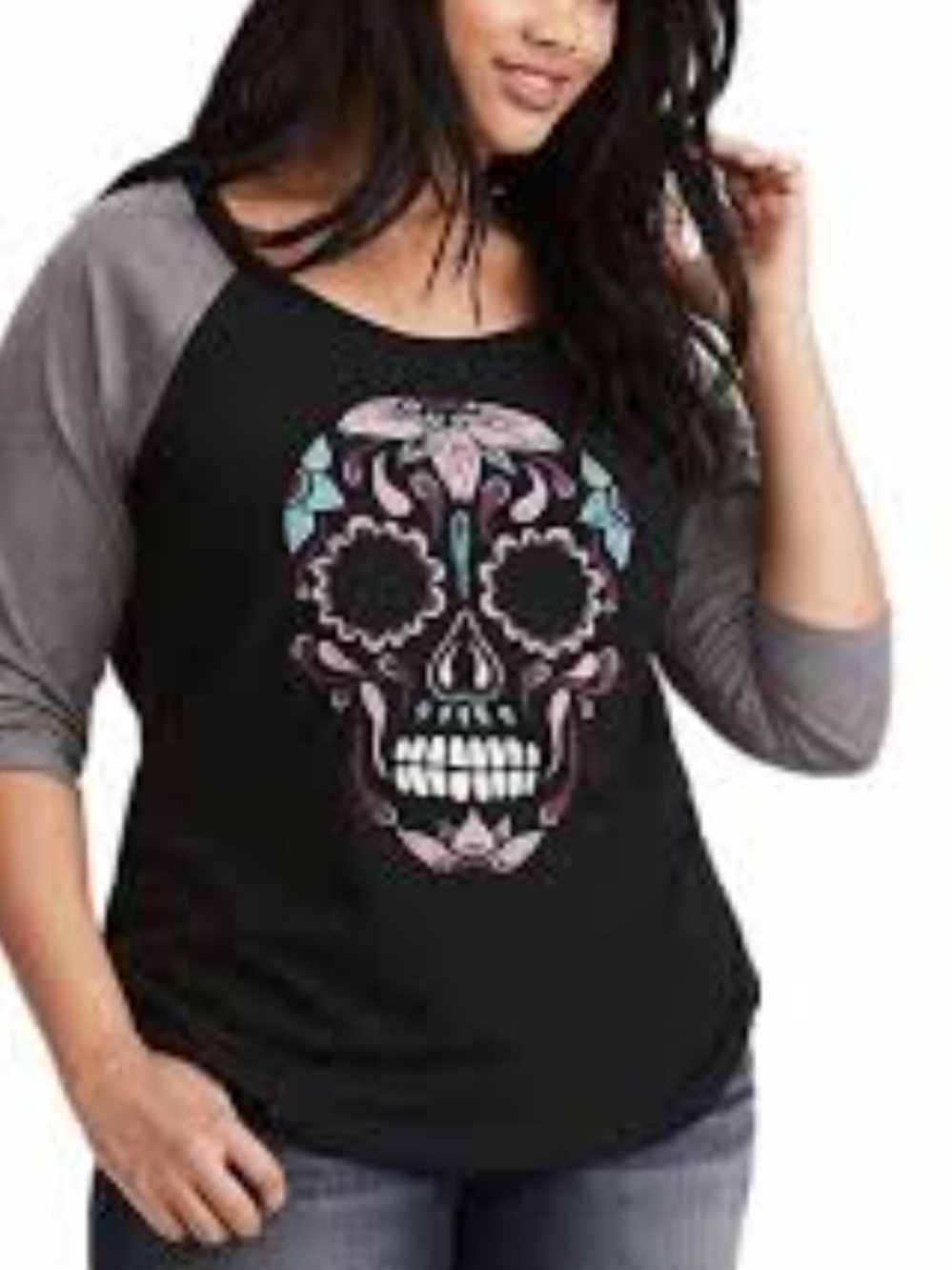 Torrid - Black & Gray 3/4 Sleeve Tee with Sugar Skull